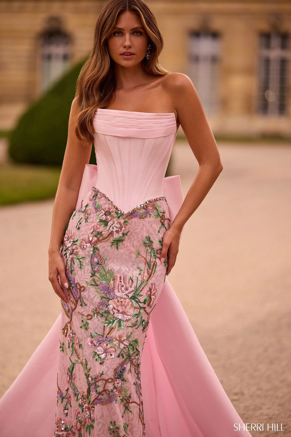 Sherri Hill 57795 prom dress images.  Sherri Hill 57795 is available in these colors: Light Pink Print, Aqua Print, Ivory Print, Periwinkle Print, Yellow Print.