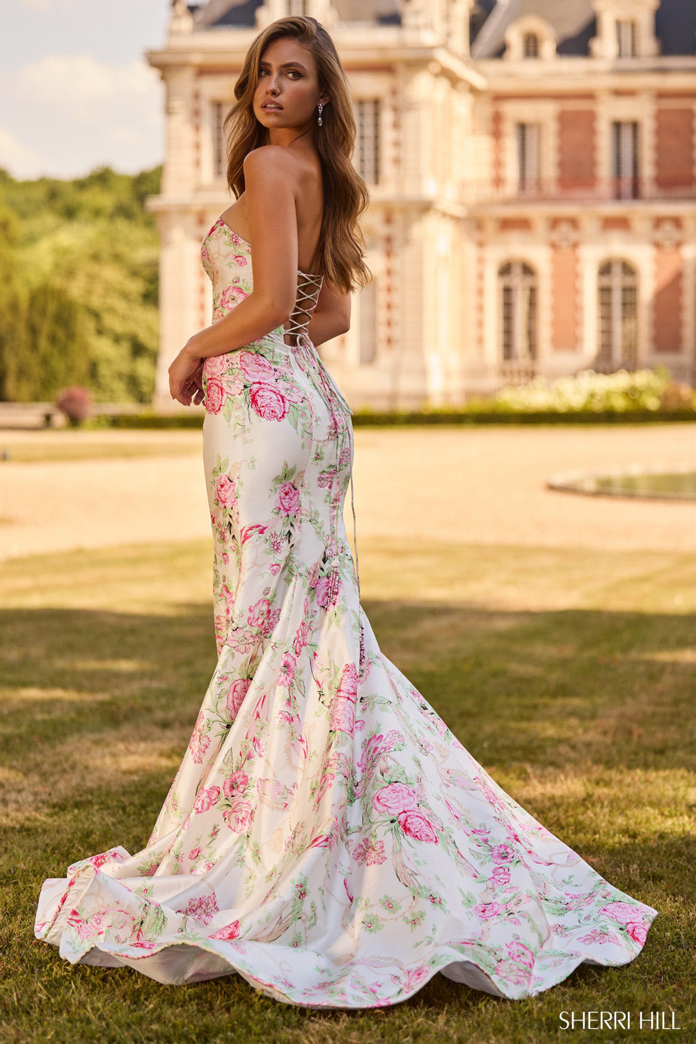 Sherri Hill 57796 prom dress images.  Sherri Hill 57796 is available in these colors: Ivory Print, Light Yellow Print, Light Pink Print, Periwinkle Print, Aqua Print .