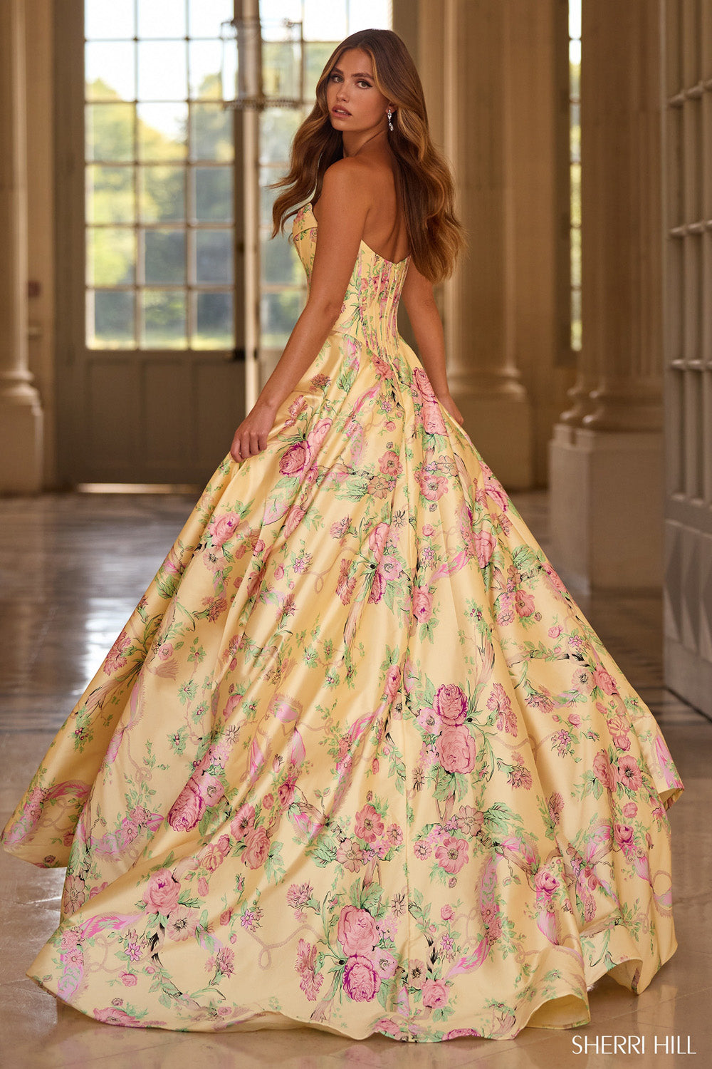 Sherri Hill 57797 prom dress images.  Sherri Hill 57797 is available in these colors: Light Pink Print, Light Yellow Print, Aqua Print, Periwinkle Print, Ivory Print .