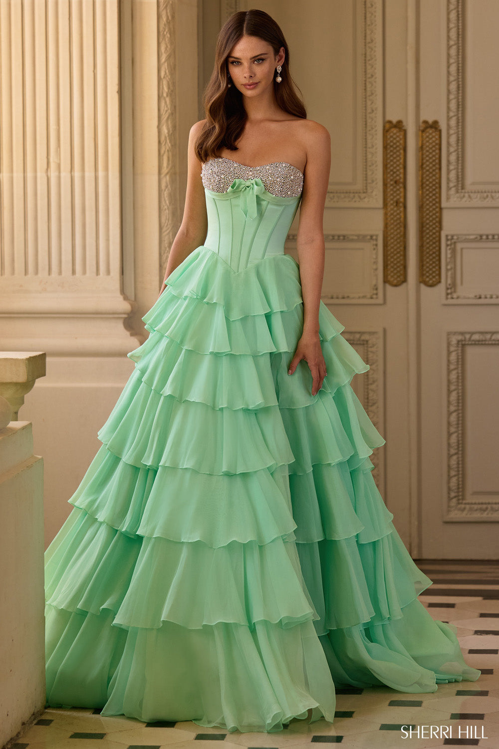 Sherri Hill 57799 prom dress images.  Sherri Hill 57799 is available in these colors: Candy Pink, Bright Fuchsia, Lilac, Aqua, Red, Black, Ivory, Light Green, Yellow, Pink, Light Blue, Blush, Navy .