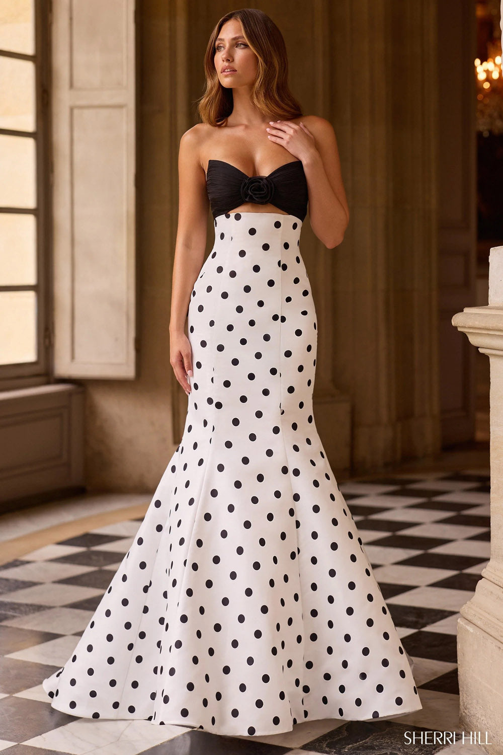Sherri Hill 57800 prom dress images.  Sherri Hill 57800 is available in these colors: Ivory Black, Yellow Ivory, Navy Ivory , Candy Pink Ivory, Black Ivory, Ivory Bright Pink, Ivory Navy, Black Ivory Fuchsia .
