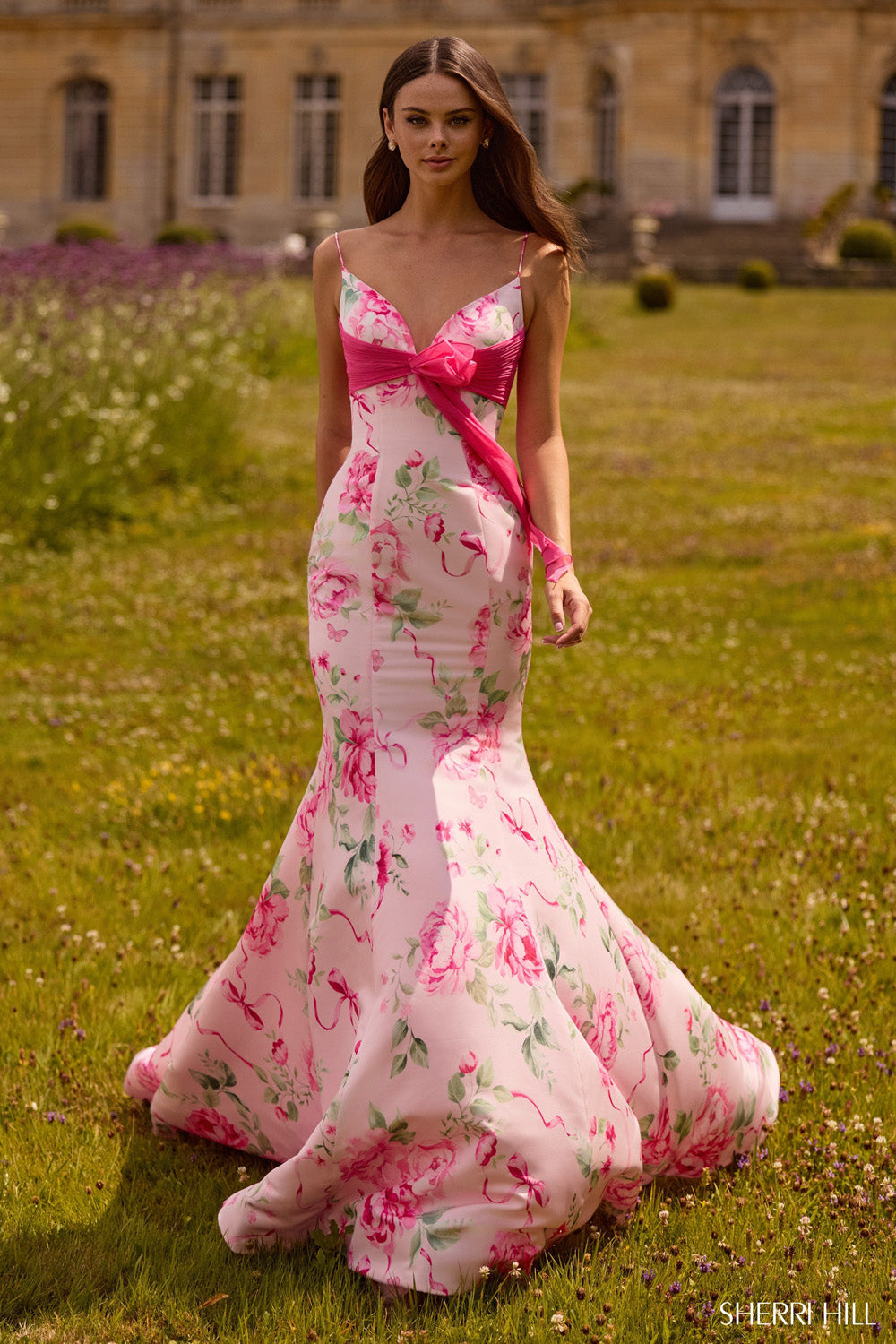 Sherri Hill 57834 prom dress images.  Sherri Hill 57834 is available in these colors: Pink Print.