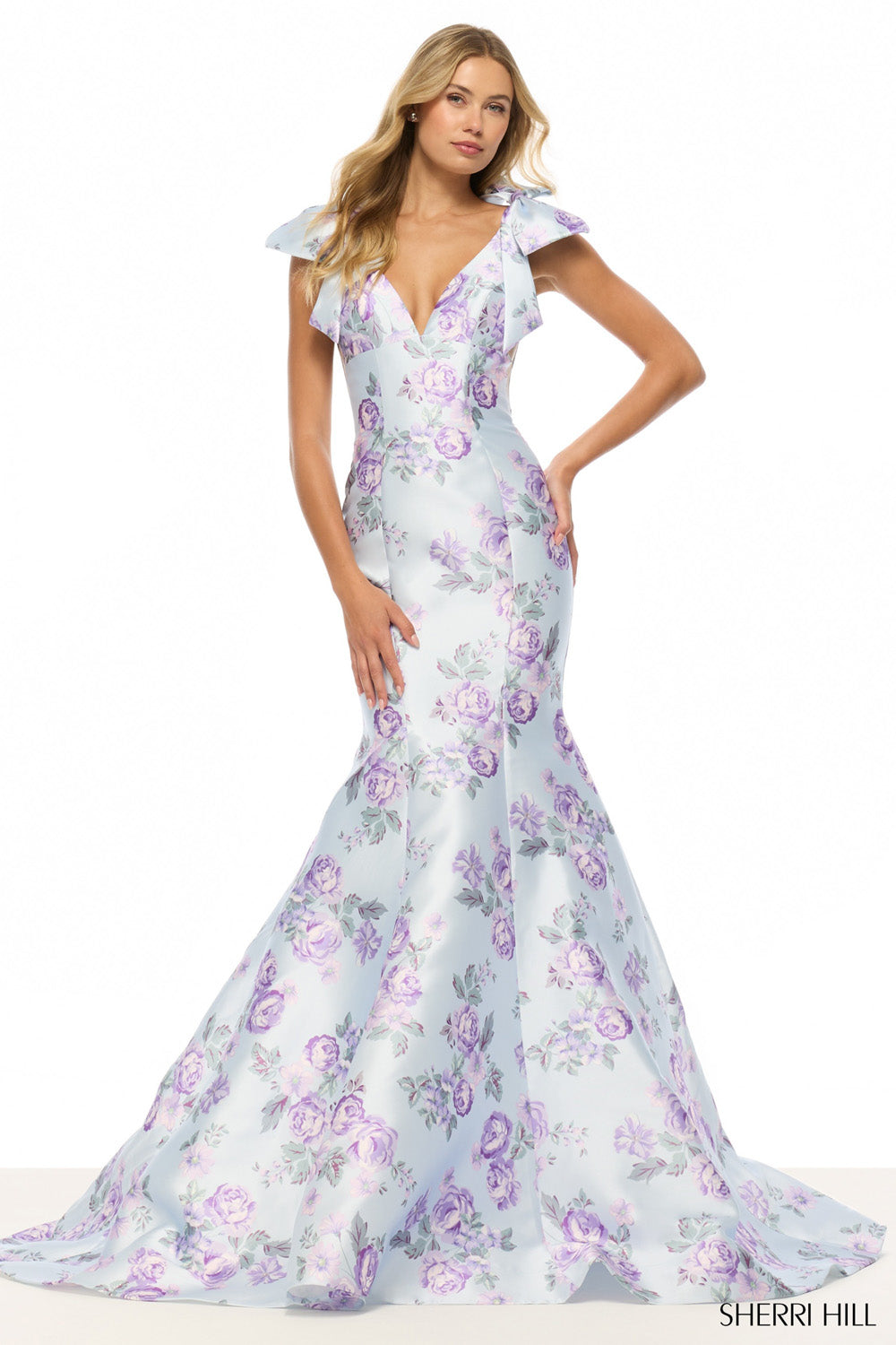 Sherri Hill 57854 prom dress images.  Sherri Hill 57854 is available in these colors: Light Blue Lilac Print.