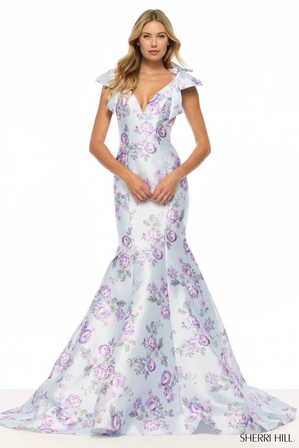 Sherri Hill 57854 prom dress images.  Sherri Hill 57854 is available in these colors: Light Blue Lilac Print.