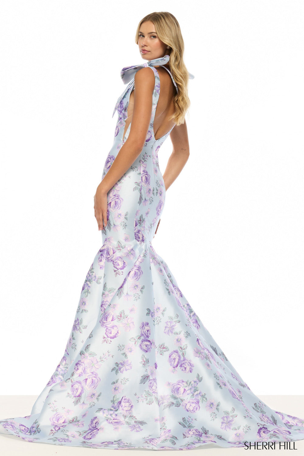 Sherri Hill 57854 prom dress images.  Sherri Hill 57854 is available in these colors: Light Blue Lilac Print.