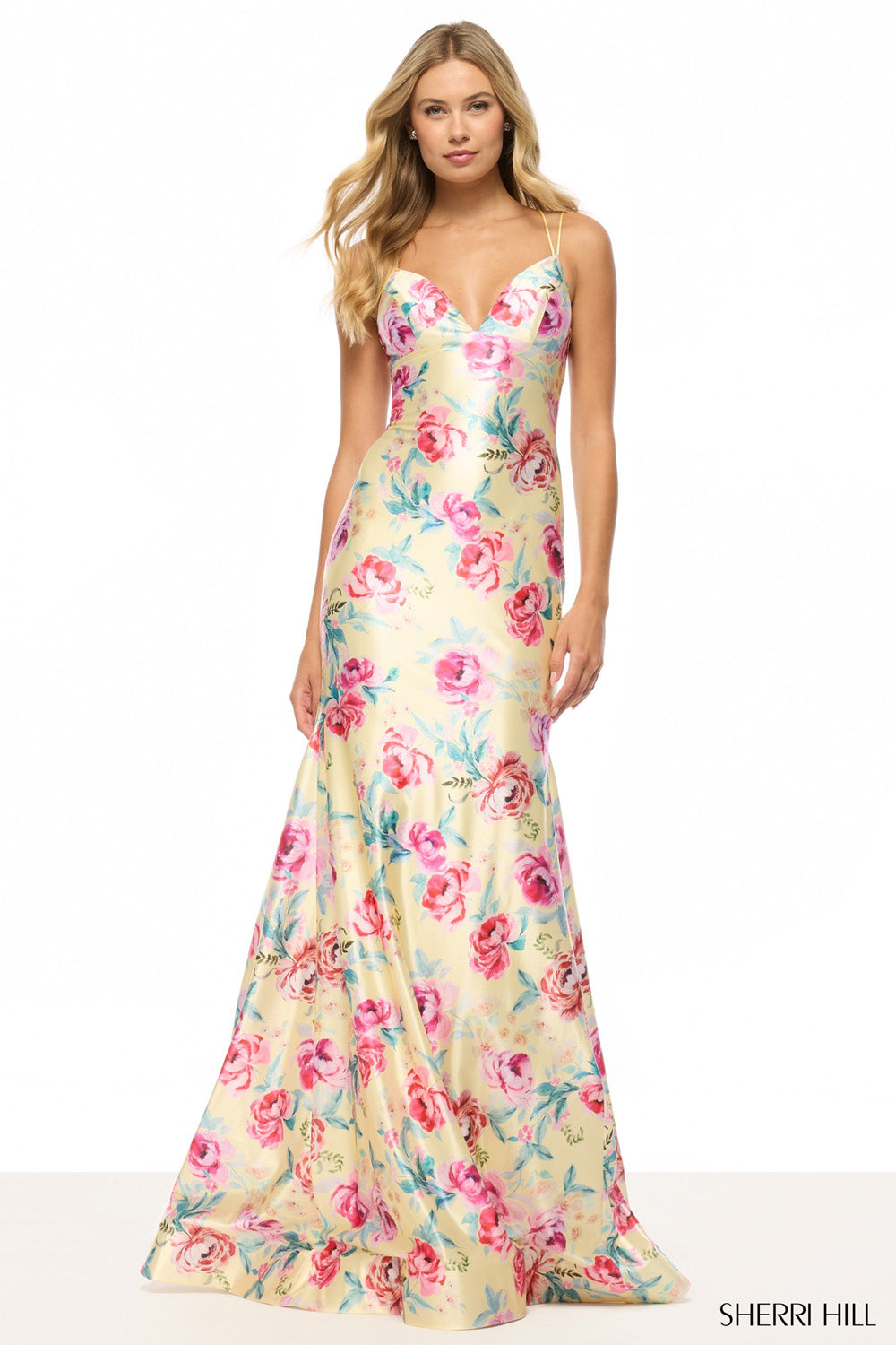 Sherri Hill 57859 prom dress images.  Sherri Hill 57859 is available in these colors: Yellow Multi Print .