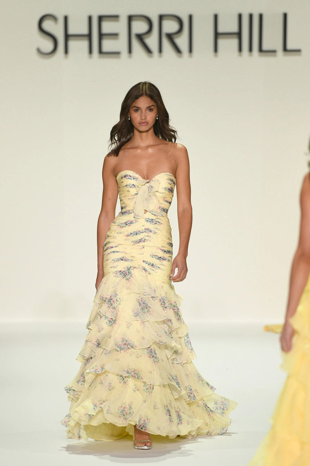 Sherri Hill 57865 prom dress images.  Sherri Hill 57865 is available in these colors: Light Blue Print, Pink Print, Yellow Print.