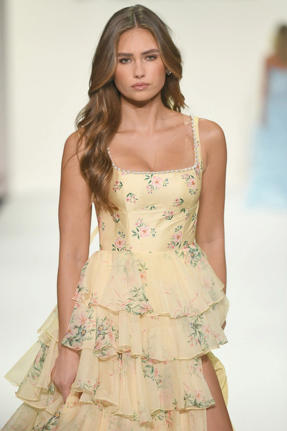 Sherri Hill 57911 prom dress images.  Sherri Hill 57911 is available in these colors: Light Yellow Print, Light Blue Print, Light Pink Print.