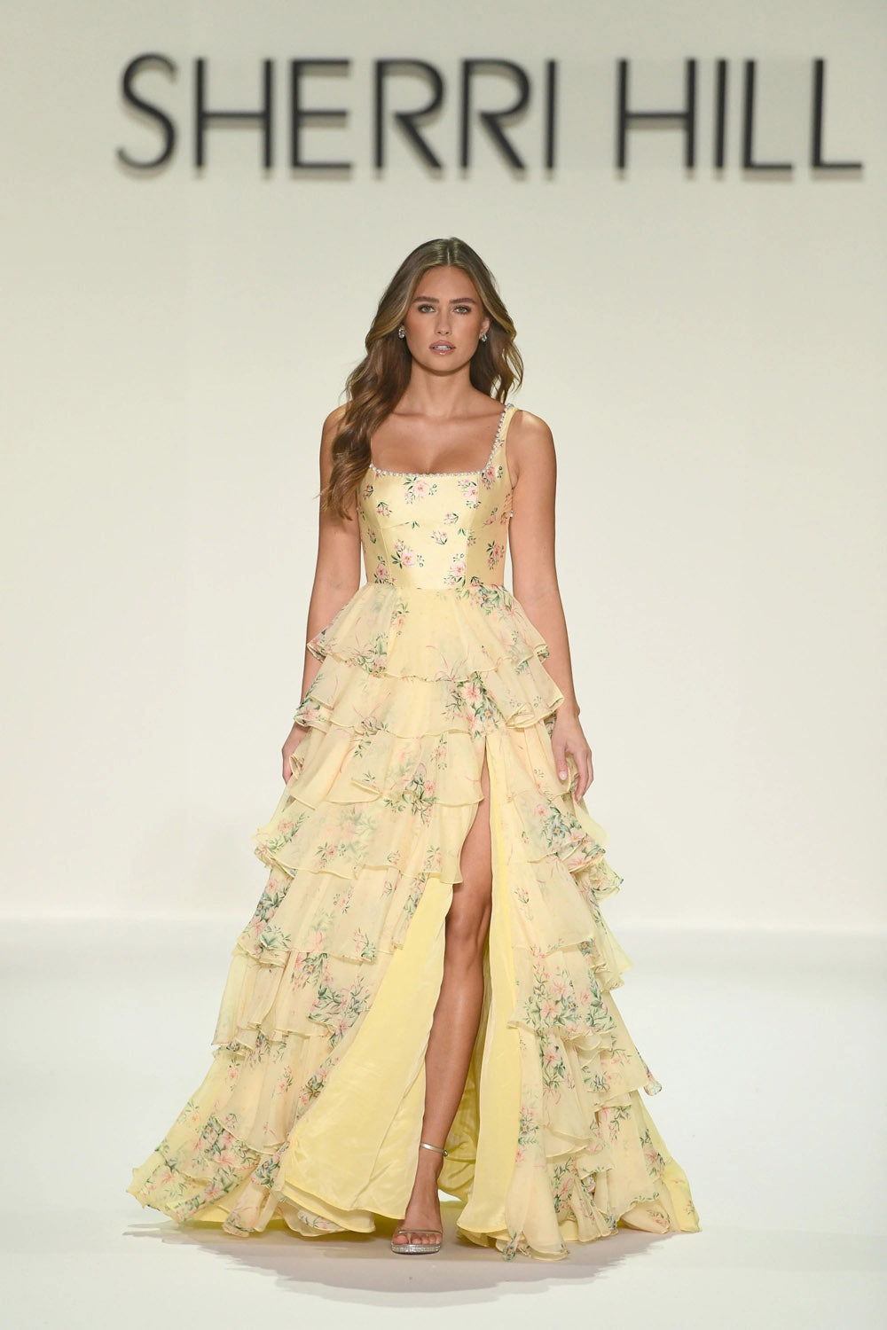 Sherri Hill 57911 prom dress images.  Sherri Hill 57911 is available in these colors: Light Yellow Print, Light Blue Print, Light Pink Print.