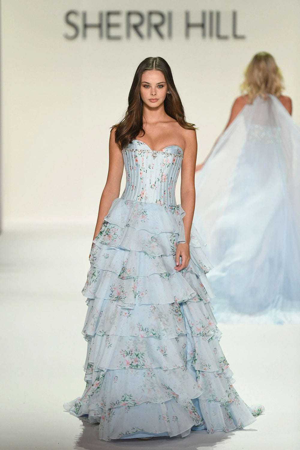 Sherri Hill 57913 prom dress images.  Sherri Hill 57913 is available in these colors: Light Pink Print Silver, Light Blue Print Silver, Light Yellow Print Silver