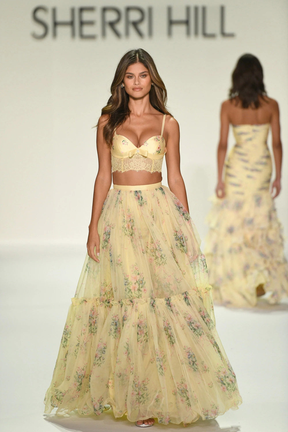 Sherri Hill 57953 prom dress images.  Sherri Hill 57953 is available in these colors: Light Blue Print, Light Pink Print, Light Yellow Print.