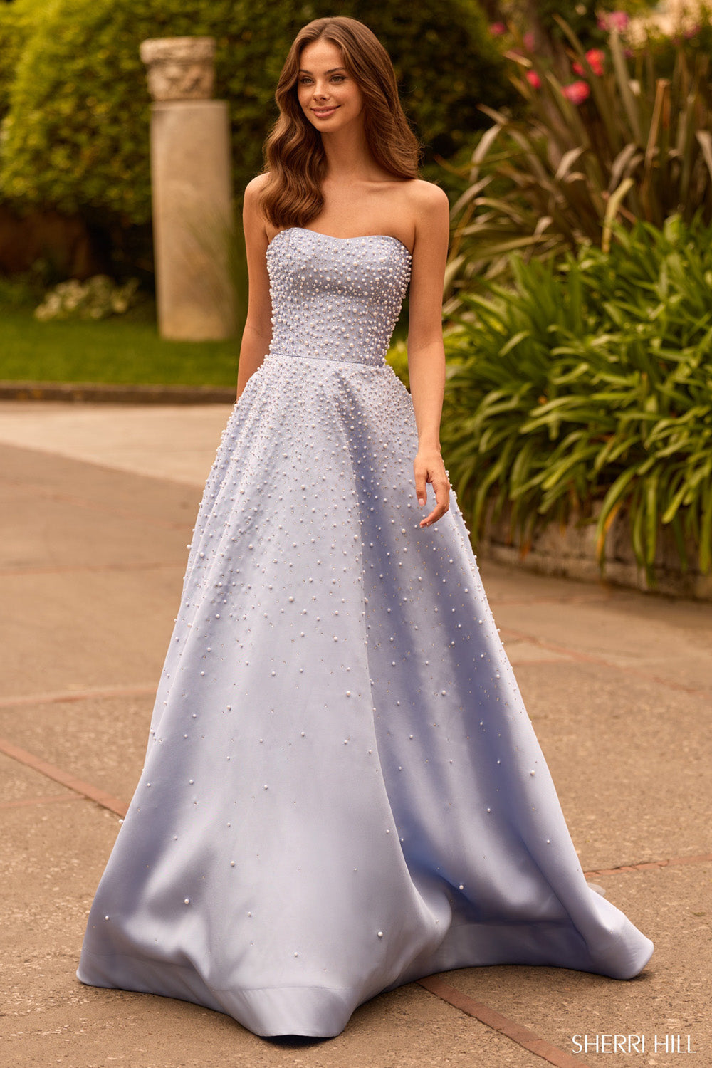 Sherri Hill 58012 periwinkle silver strapless sweetheart pearl ballgown full-length front view outdoors