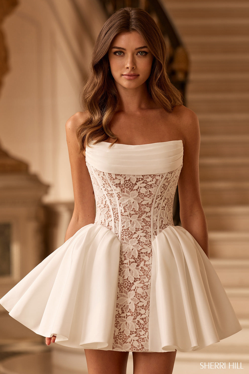Sherri Hill 58306 ivory fit-and-flare homecoming dress front view, structured lace corset and layered satin skirt