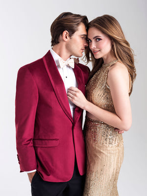 Ruby Red Venice Velvet Tuxedo is a single button shawl lapel jacket with double vents and a Ultra Slim tailored fit