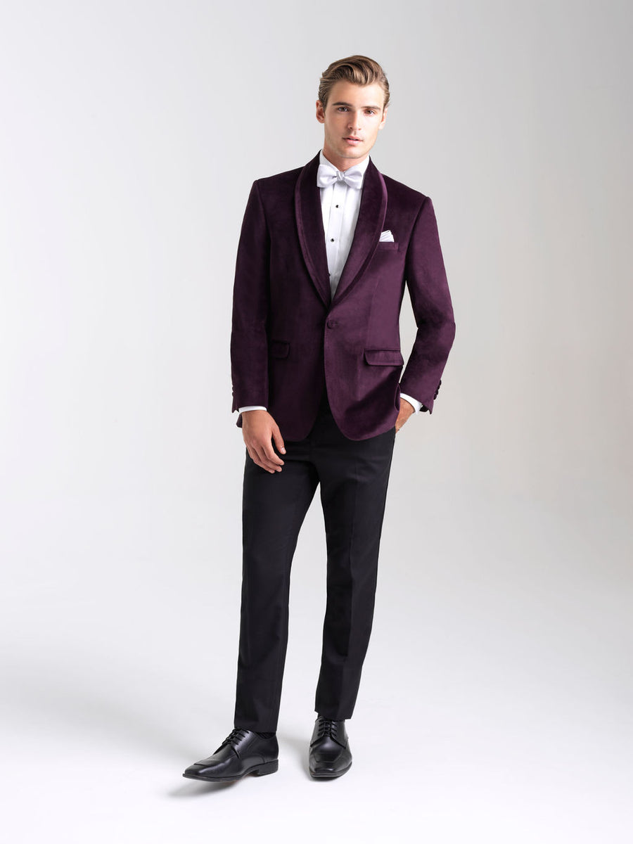 Aubergine Venice Velvet Jacket is an Ultra Slim one button shawl lapel jacket with double vents to show off a tailored fit