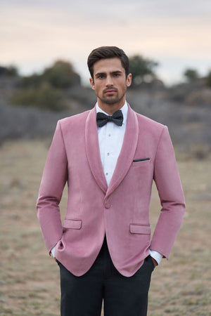 Dusty Rose Velvet Jacket is an Ultra Slim single button shawl lapel jacket with double vents to create an amazing tailored fit