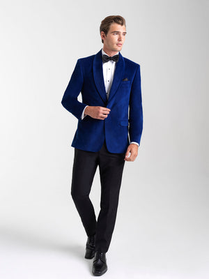 Sapphire Blue Velvet Jacket is an Ultra Slim single button shawl lapel jacket with double vents to create an amazing tailored fit
