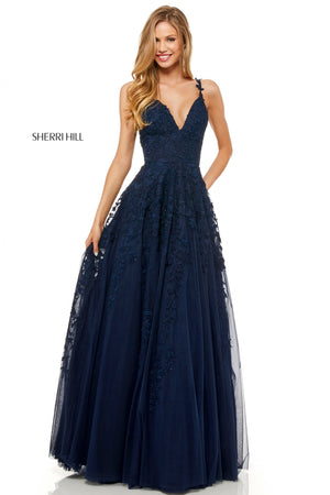 Sherri Hill 52342 prom dress images.  Sherri Hill 52342 is available in these colors: Black; Ivory; Navy; Wine; Red; Light Blue; Blush; Yellow.