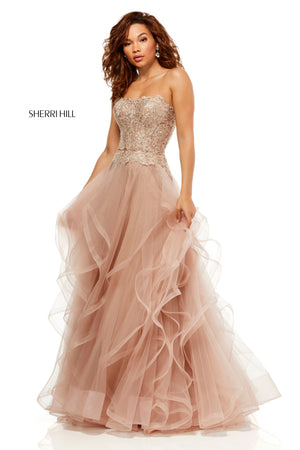 Sherri Hill 52504 prom dress images.  Sherri Hill 52504 is available in these colors: Rose Gold; Light Blue; Ivory Gold; Wine.