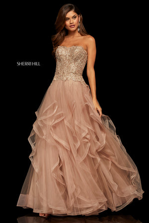 Sherri Hill 52504 prom dress images.  Sherri Hill 52504 is available in these colors: Rose Gold; Light Blue; Ivory Gold; Wine.