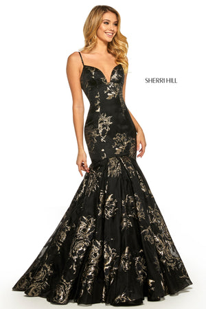 Sherri Hill 52951 prom dress images.  Sherri Hill 52951 is available in these colors: Ivory Gold; Black Gold.