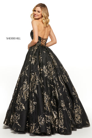 Sherri Hill 52952 prom dress images.  Sherri Hill 52952 is available in these colors: Ivory Gold; Black Gold.