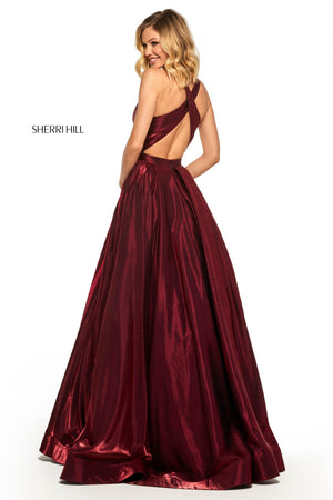 Sherri Hill 52958 prom dress images.  Sherri Hill 52958 is available in these colors: Wine; Navy; Royal; Yellow; Rose; Teal; Dark Purple.