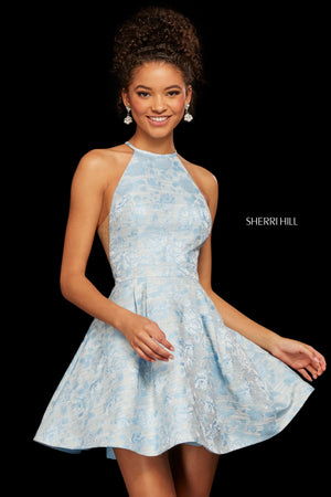 Sherri Hill 53022 prom dress images.  Sherri Hill 53022 is available in these colors: Light Yellow Print; Blue Print; Ivory Print.