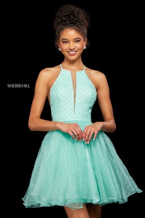 Sherri Hill 53075 prom dress images.  Sherri Hill 53075 is available in these colors: Light Green; Navy; Ivory; Black; Light Blue; Fuchsia; Pink.