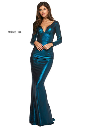 Sherri Hill 53240 prom dress images.  Sherri Hill 53240 is available in these colors: Black Teal; Black Royal; Black Gold; Copper.