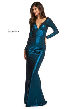 Sherri Hill 53240 prom dress images.  Sherri Hill 53240 is available in these colors: Black Teal; Black Royal; Black Gold; Copper.
