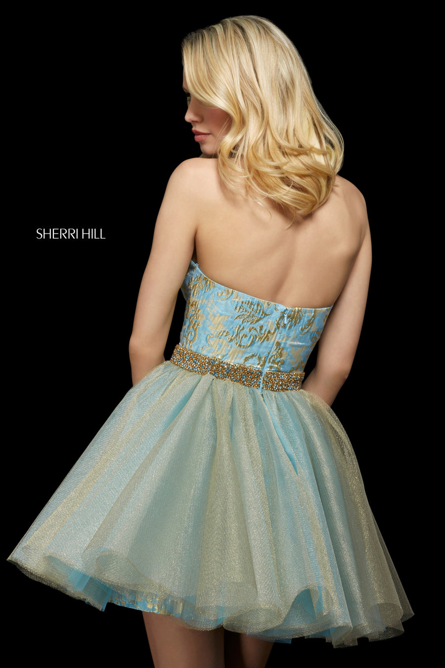 Sherri Hill 53254 prom dress images.  Sherri Hill 53254 is available in these colors: Blush Gold; Silver; Light Blue Gold; Gold.