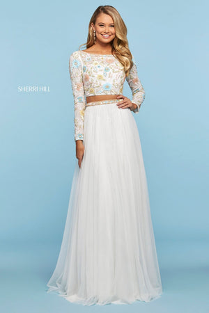 Sherri Hill 53553 prom dress images.  Sherri Hill 53553 is available in these colors: Nude Multi, Light Blue Multi, Light Yellow Multi, Lilac Multi, Ivory Multi.