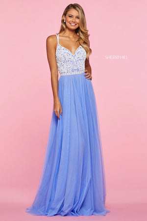 Sherri Hill 53556 prom dress images.  Sherri Hill 53556 is available in these colors: Periwinkle Ivory, Yellow Ivory, Coral, Ivory, Yellow, Nude Aqua, Coral Ivory.
