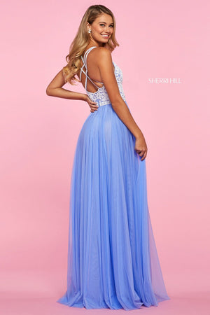 Sherri Hill 53556 prom dress images.  Sherri Hill 53556 is available in these colors: Periwinkle Ivory, Yellow Ivory, Coral, Ivory, Yellow, Nude Aqua, Coral Ivory.