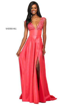 Sherri Hill 53767 prom dress images.  Sherri Hill 53767 is available in these colors: Coral, Red, Aqua, Yellow, Pink, Navy.