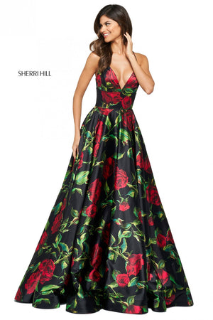 Sherri Hill 53896 prom dress images.  Sherri Hill 53896 is available in these colors: Black Red Print.