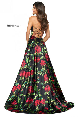Sherri Hill 53896 prom dress images.  Sherri Hill 53896 is available in these colors: Black Red Print.