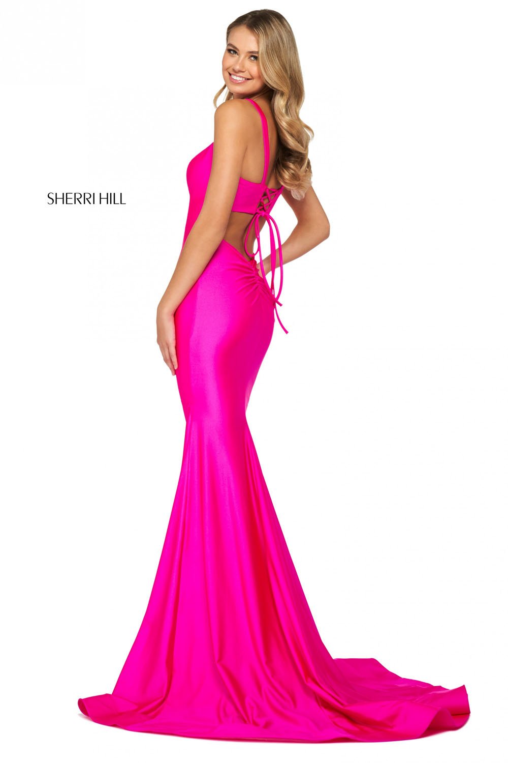 Sherri Hill 53906 prom dress images.  Sherri Hill 53906 is available in these colors: Dark Coral, Fuchsia, Dark Periwinkle, Red, Black, Navy, Turquoise, Royal, Emerald, Ruby.