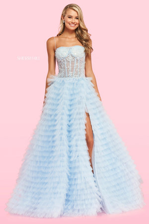 Sherri Hill 54189 prom dress images.  Sherri Hill 54189 is available in these colors: Light Blue, Blush, Ivory, Red.