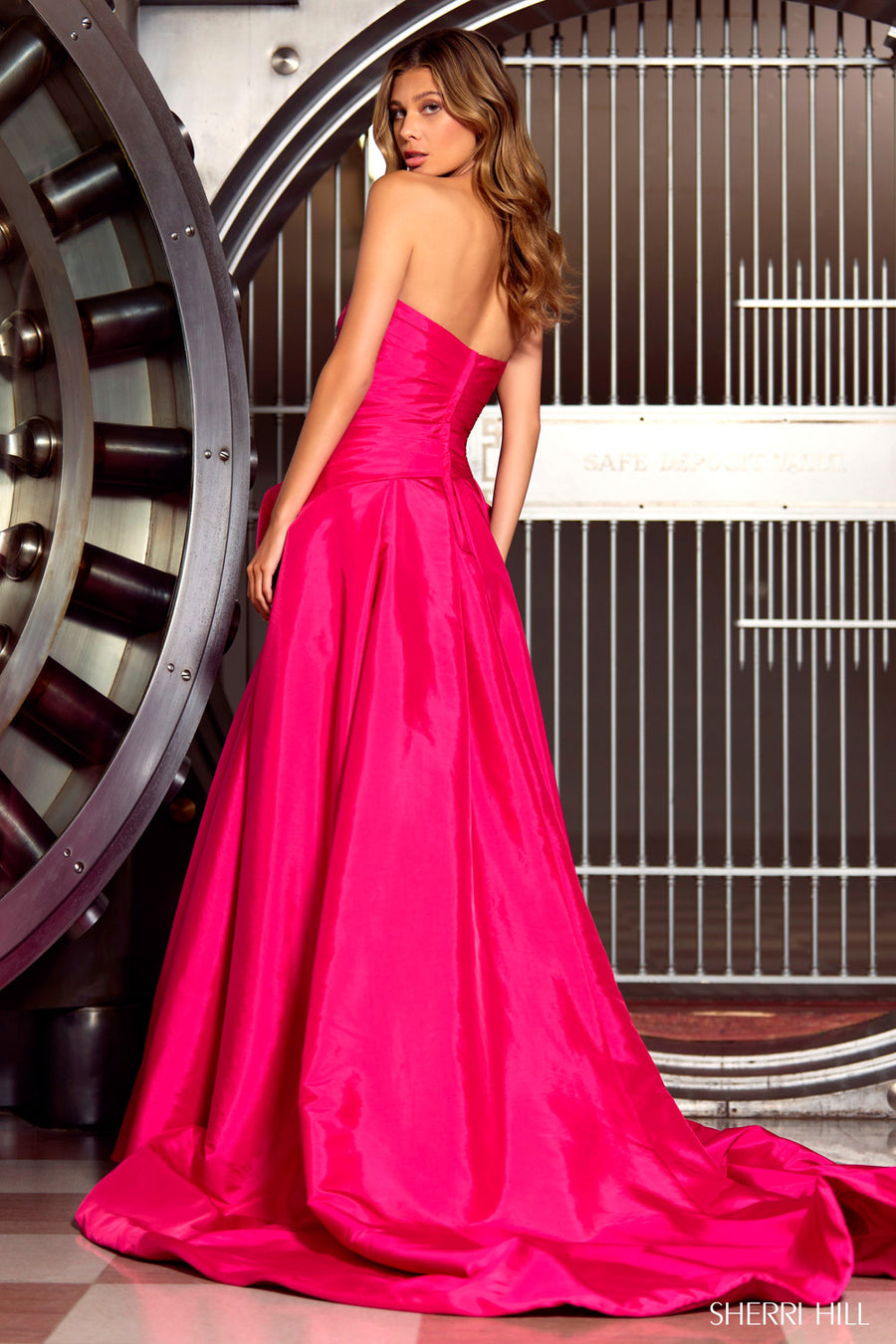 Sherri Hill 55214 prom dress images.  Sherri Hill 55214 is available in these colors: Black, Ivory, Red, Bright Pink, Light Blue, Fuchsia.