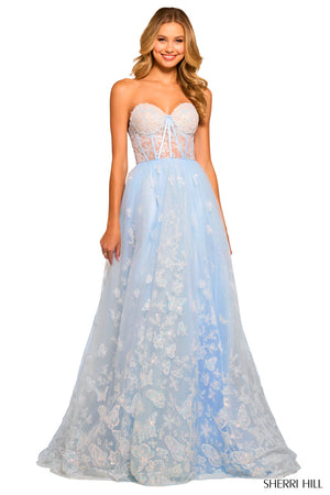 Sherri Hill 55310 prom dress images. Sherri Hill 55310 is available in these colors: Light Blue, Light Pink, Lilac, Ivory.