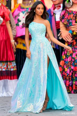 Sherri Hill 55342 prom dress images.  Sherri Hill 55342 is available in these colors: Ivory, Lilac, Light Blue, Aqua, Blush.