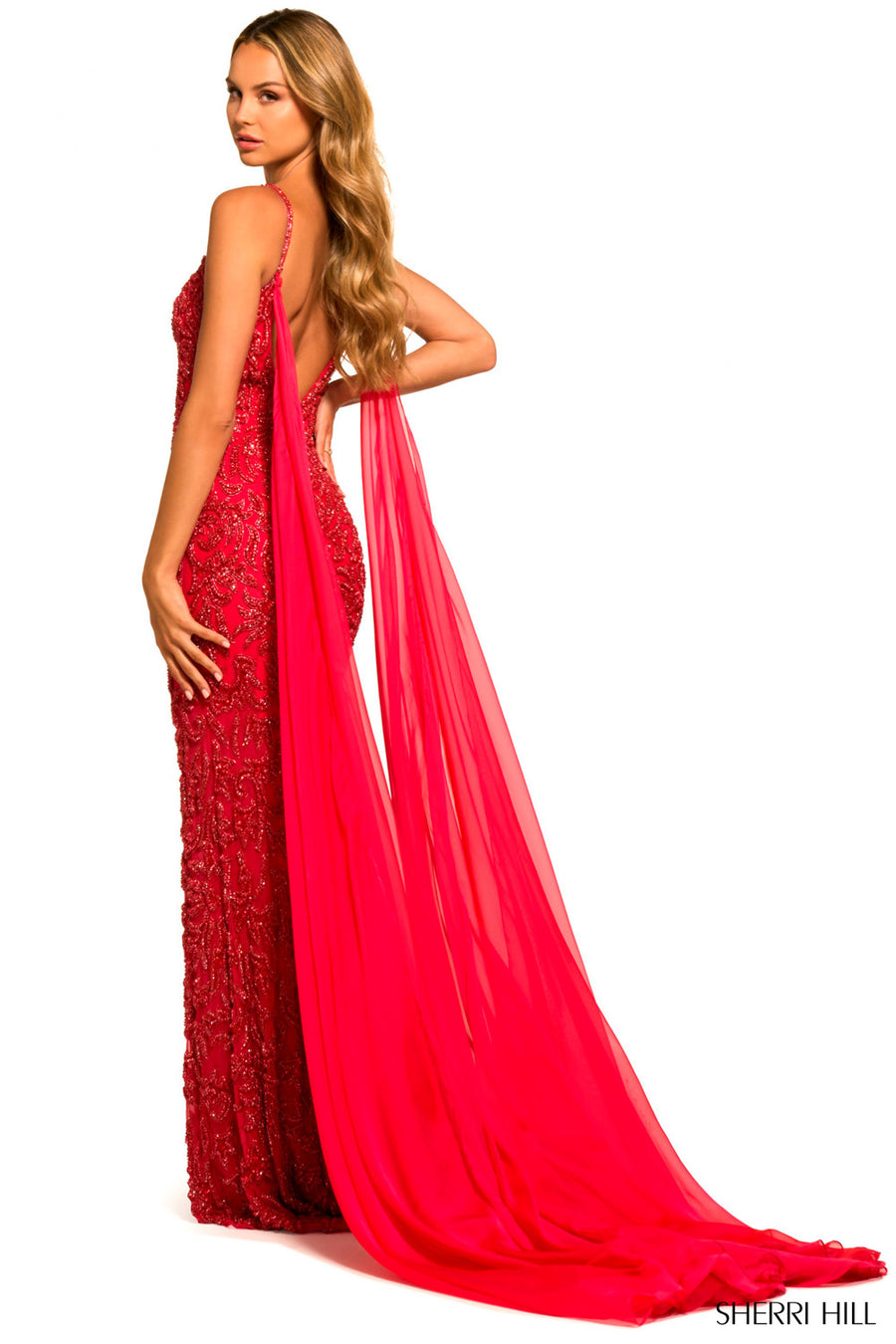 Sherri Hill 55370 prom dress images.  Sherri Hill 55370 is available in these colors: Watermelon.
