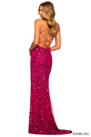 Sherri Hill 55406 prom dress images.  Sherri Hill 55406 is available in these colors: Bright Fuchsia, Peacock, Emerald, Red, Lilac, Rose.