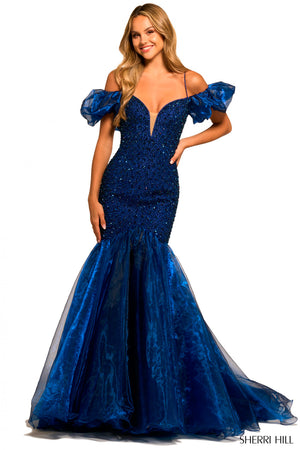 Sherri Hill 55422 prom dress images. Sherri Hill 55422 is available in these colors: Black, Black Multi, Light Blue, Jade, Royal, Magenta.
