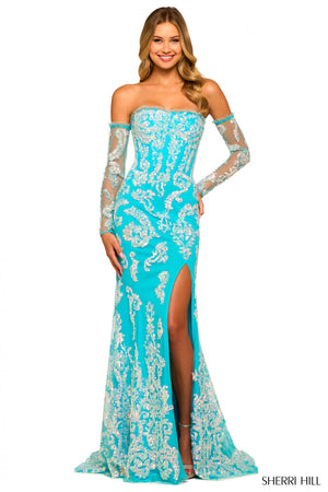 Sherri Hill 55425 prom dress images.  Sherri Hill 55425 is available in these colors: Aqua.