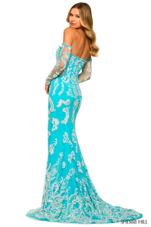 Sherri Hill 55425 prom dress images.  Sherri Hill 55425 is available in these colors: Aqua.
