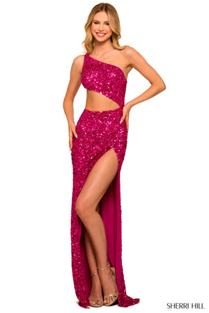 Sherri Hill 55456 prom dress images.  Sherri Hill 55456 is available in these colors: Bright Fuchsia, Red, Black, Jade, Purple, Peacock.