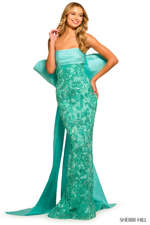 Sherri Hill 55481 prom dress images.  Sherri Hill 55481 is available in these colors: Aqua, Red.